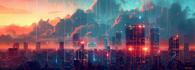 Obraz premium Futuristic Smart Cyber City illustration: Innovative Urban Landscape, futuristic technology and cyber punk concept, Graphic Resources, Wallpapers, Brochure, Websites, banner, Advertising, background