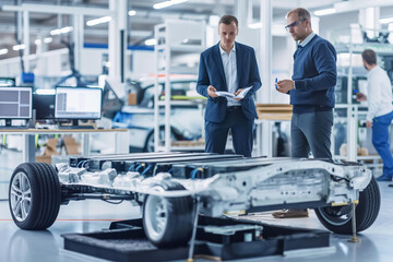 A group of engineers is analyzing and exchanging thoughts on enhancing the performance and design of an electric vehicles chassis in a workshop