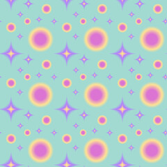 Seamless pattern y2k aura. Blurred heart, butterfly and stars with aura in trendy style y2k on green background.