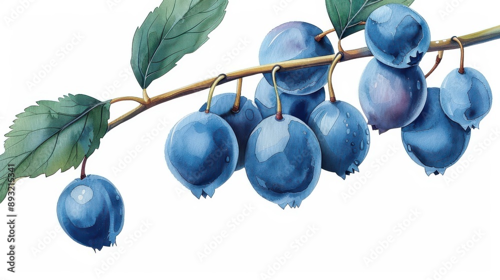 Sticker Delicate blue blueberries on a branch, captured in realistic watercolor, showcasing their vibrant hues against a clean white backdrop.