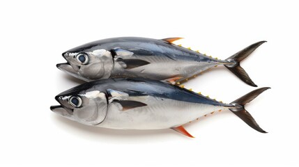 Fototapeta premium Fresh and vibrant bonito and katsuo, skipjack tuna displayed against a clean white backdrop, showcasing their quality.