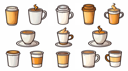Explore a curated collection of stylish coffee cup clipart, featuring diverse vector icons set against a clean background.