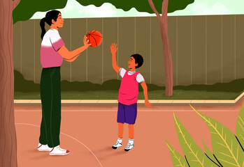 Woman playfully passing basketball to boy on vibrant outdoor court