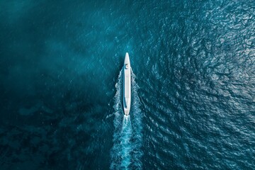 Minimalistic aerial photography of an white submarine on the blue sea,