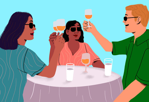 Friends toasting wineglasses at table by sea