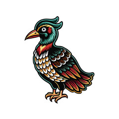 A detailed illustration of a stylized bird, featuring intricate patterns and vibrant colors.