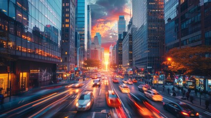 Fototapeta premium A City Street at Dusk With Many Cars and Buildings in the Foreground and a Bright Orange Sunset in the Background - Generative AI