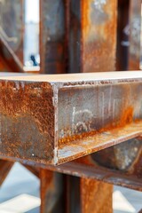 Close-up of steel beams and crossbeams, abstract art installation, rusted metal structure, on street background, 