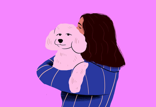 Girl carrying dog against pink background