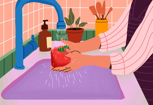 Hands of unrecognizable person washing vegetable under faucet in kitchen