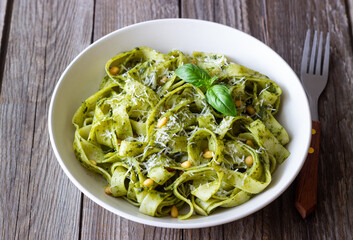 Pasta with pesto sauce. Healthy eating. Vegetarian food.