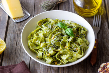 Pasta with pesto sauce. Healthy eating. Vegetarian food.