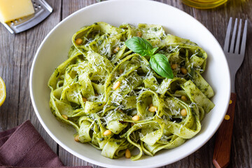 Pasta with pesto sauce. Healthy eating. Vegetarian food.