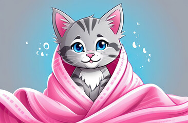 Funny wet gray tabby cute kitten after bath wrapped in towel with big eyes. Just washed lovely fluffy cat with soap foam on his head on blue background.illustration