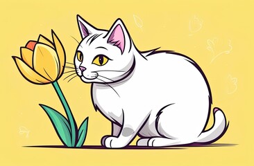 Greeting spring card with a white cute cat with a yellow tulip printing on poster, clothes, notebooks, decorative pillows.