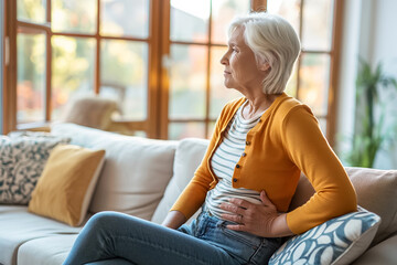 An elderly woman in a yellow cardigan sits on a couch at home, holding her abdomen in pain. She appears to be uncomfortable and in need of care and treatment