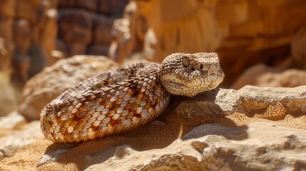 Naklejka premium A Close up of a Rattlesnake Laying on a Rock in the Desert - Generative AI