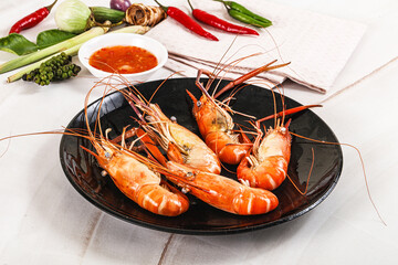 Boiled tiger prawn with sauce