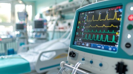 modern hospital room with medical equipment, closeup of heart rate monitor displaying vital signs, healthcare and technology concept.