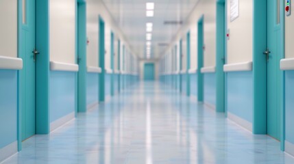 empty hospital corridor with blue walls and doors leading to patient rooms, modern medical facility interior design.