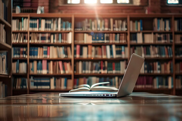 Books and laptop in a library. Teacher's day. Education concept, e-learning.