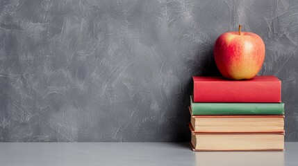 red apple on stack of books against gray chalkboard background for education, knowledge, and back to school concept