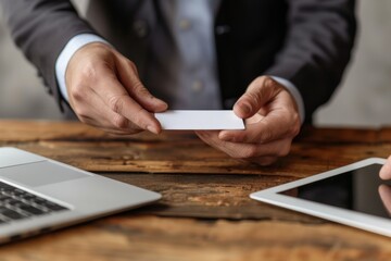 businessman presenting blank business card over wooden table with laptop and tablet - professional networking concept.