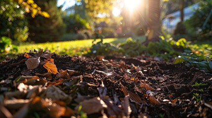 Composting in a backyard with a garden background during the morning with natural lighting, close-up shot