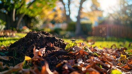 Obraz premium Composting in a backyard with a garden background during the morning with natural lighting of sunrise, close-up shot