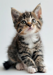 Adorable kitten purring, white background, International Cat Day, curious gaze, soft lighting,