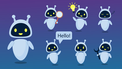 Cute robot chat bot set. Illustration in flat style. Friendly robot for mobile app vector illustration collection. Conversation and AI intelligence concept.