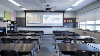 Contemporary classroom design with sleek black desks and a large interactive whiteboard