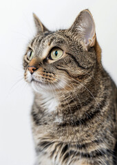 Purring cat with bright eyes, white background, International Cat Day, joyful expression,