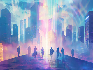 Fototapeta premium Business team in enchanted cityscape, magical light, ethereal colors, dreamlike atmosphere, digital painting