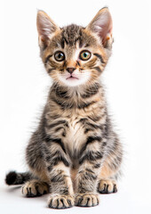 Obraz premium Cute purring kitten sitting, white background, International Cat Day, inquisitive look,