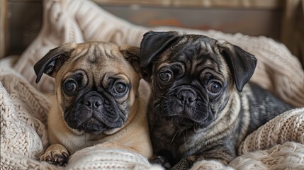 Adorable pug puppies cuddled on a soft, beige knitted blanket.
