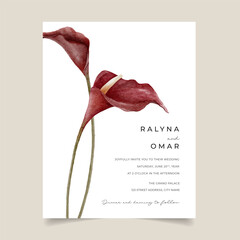 Enchanting wedding invitation design with burgundy calla lily perfect for autumn or winter wedding
