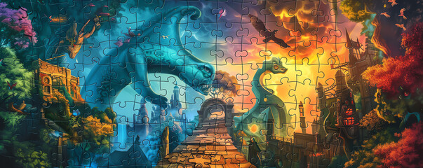 Fototapeta premium Business unity with mythical puzzle pieces, fantasy atmosphere, vibrant colors, whimsical details, digital painting