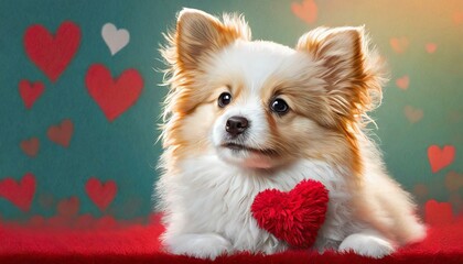 かわいい犬、ハート、キュート、なめらかな紙の背景、躍動感、しなやかな毛並み Generated by AI