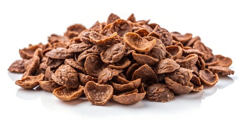 Chocolate cereal flakes on white background Crispy chocolate crunch corn flakes  AI-Generated Content