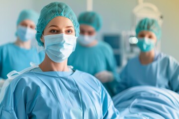 confident female surgeon in operating room with team, medical professionals, healthcare workers, surgery, hospital, medical equipment, sterile environment, professionalism, teamwork.