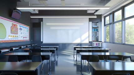 Contemporary classroom design with sleek black desks and a large interactive whiteboard