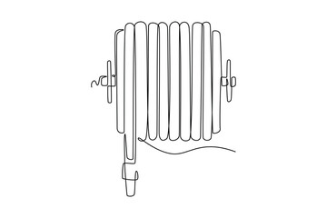 Firefighters with firefighting equipment concept. Single line draw design vector graphic illustration.