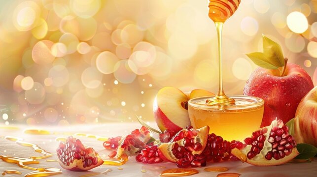Rosh hashanah celebration. Jewish New Year holiday. Red apples, honey and pomegranates on a light beige background, Bokeh effect. Horizontal banner. Free space for text Greeting card, poster, postcard - Powered by Adobe
