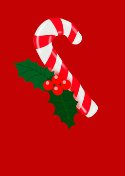 Illustration of candy cane with mistletoe