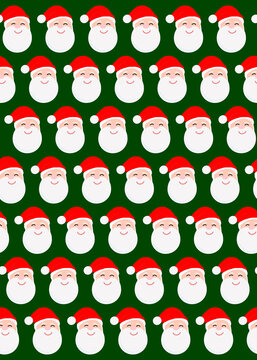 Pattern of rows of Santa Claus heads against green background