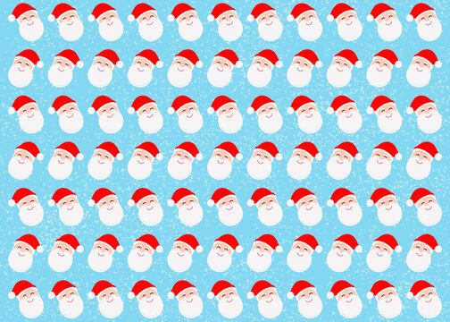 Pattern of rows of Santa Claus heads against blue background