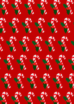 Pattern of rows of candy canes and mistletoe