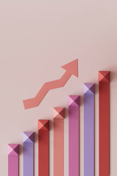 3D render of multi colored growing bar graph with arrow over pink background