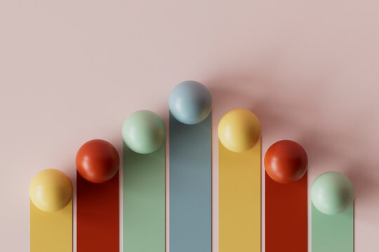 3D render of multi colored graph bars with spheres against pink background